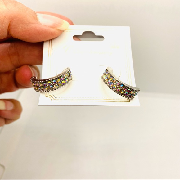 Earrings Crystal Crescent iridescent double row. Pierced - Picture 6 of 16